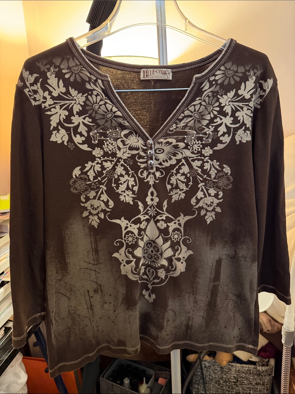 Women's Brown Floral V-Neck Long Sleeve Top